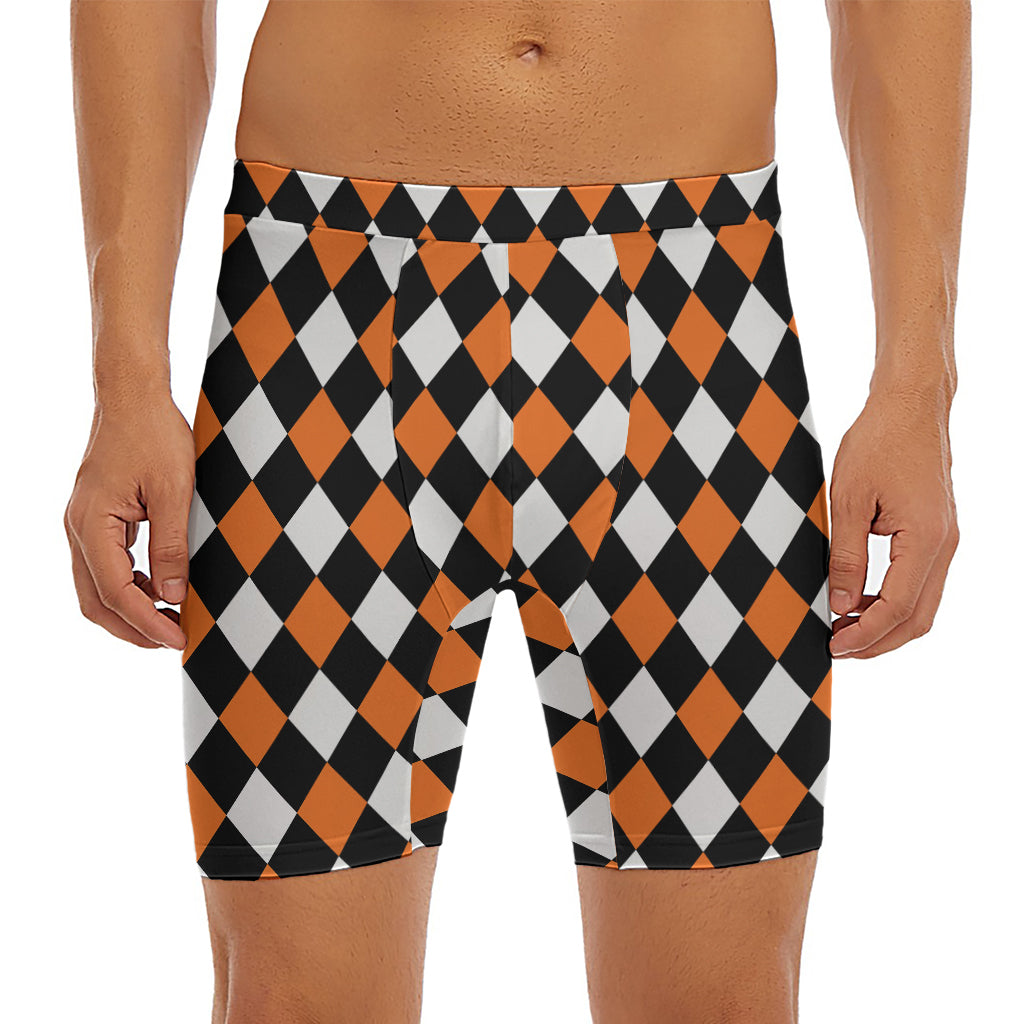 Orange Black And White Harlequin Print Men's Long Boxer Briefs