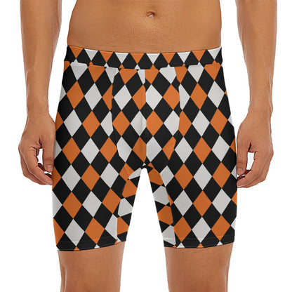 Orange Black And White Harlequin Print Men's Long Boxer Briefs