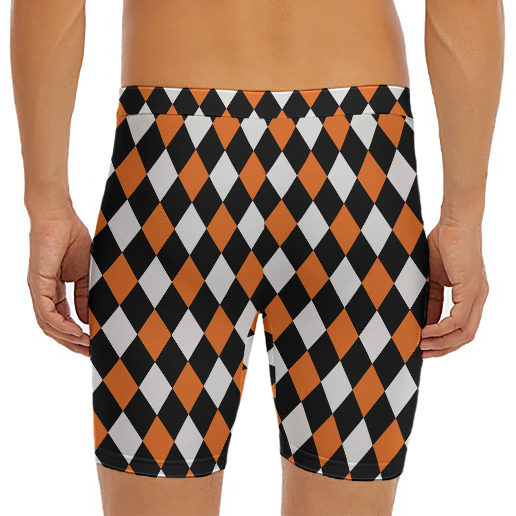 Orange Black And White Harlequin Print Men's Long Boxer Briefs