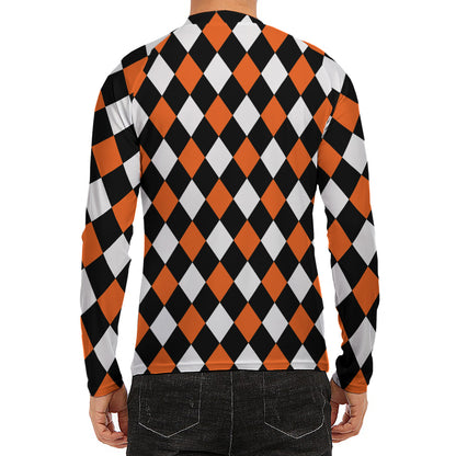 Orange Black And White Harlequin Print Men's Long Sleeve Rash Guard