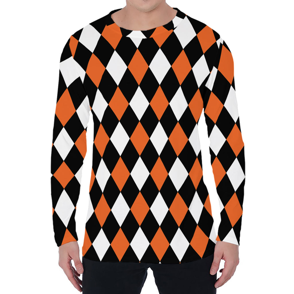 Orange Black And White Harlequin Print Men's Long Sleeve T-Shirt
