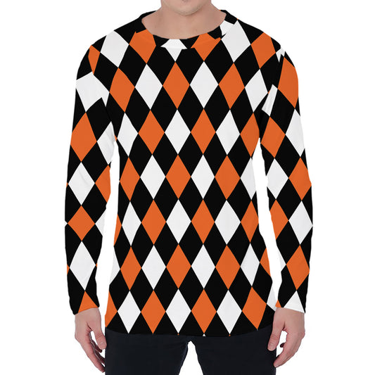 Orange Black And White Harlequin Print Men's Long Sleeve T-Shirt