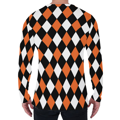 Orange Black And White Harlequin Print Men's Long Sleeve T-Shirt