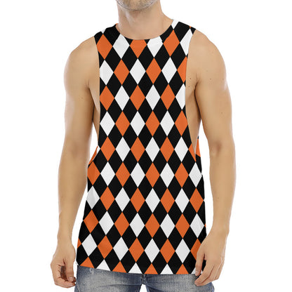 Orange Black And White Harlequin Print Men's Muscle Tank Top