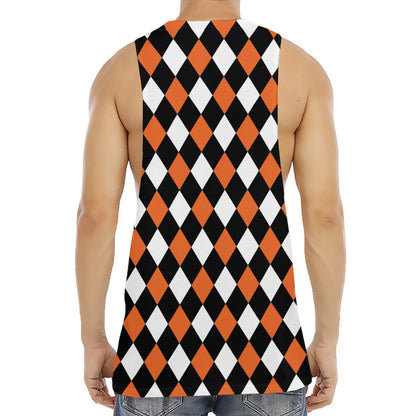 Orange Black And White Harlequin Print Men's Muscle Tank Top