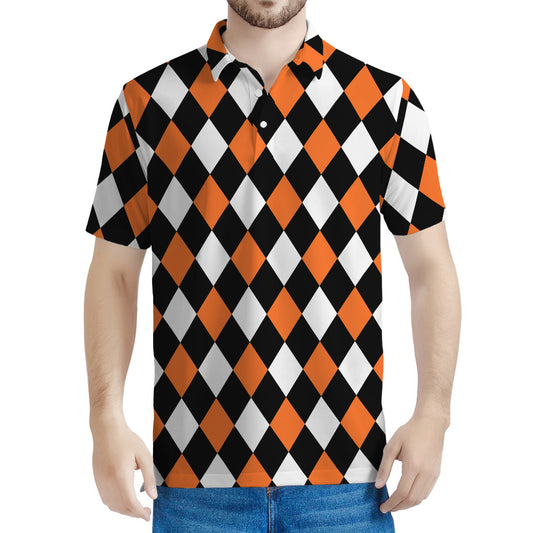Orange Black And White Harlequin Print Men's Polo Shirt