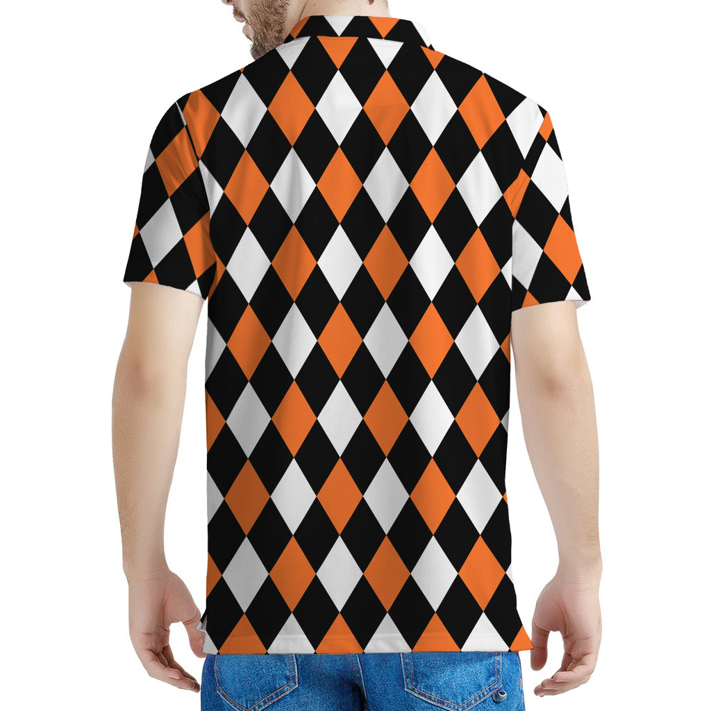 Orange Black And White Harlequin Print Men's Polo Shirt