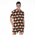 Orange Black And White Harlequin Print Men's Romper