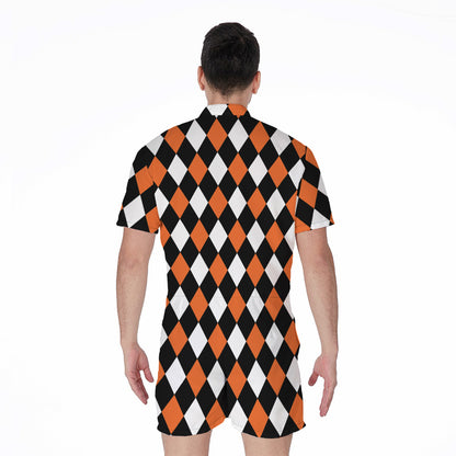 Orange Black And White Harlequin Print Men's Rompers