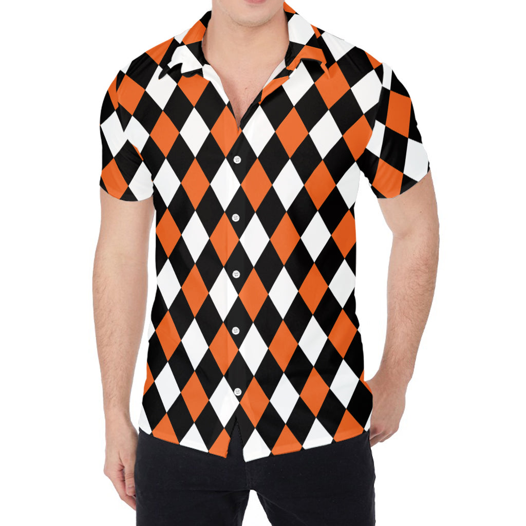 Orange Black And White Harlequin Print Men's Shirt