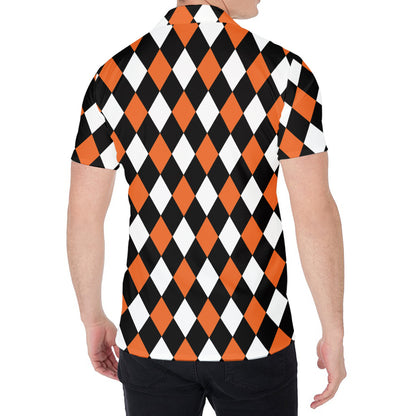 Orange Black And White Harlequin Print Men's Shirt