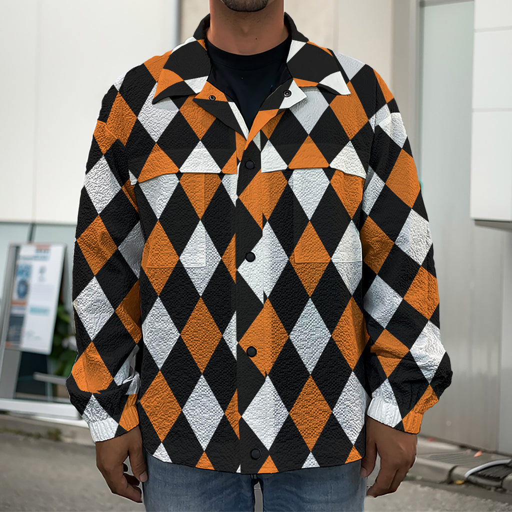 Orange Black And White Harlequin Print Men's Shirt Jacket