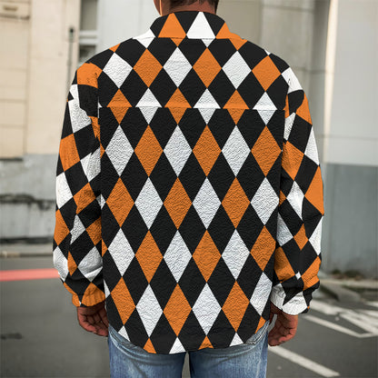 Orange Black And White Harlequin Print Men's Shirt Jacket