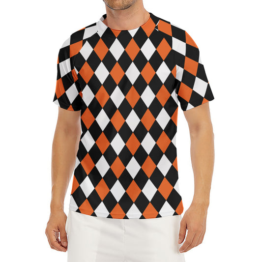 Orange Black And White Harlequin Print Men's Short Sleeve Rash Guard
