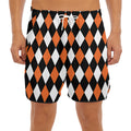 Orange Black And White Harlequin Print Men's Split Running Shorts