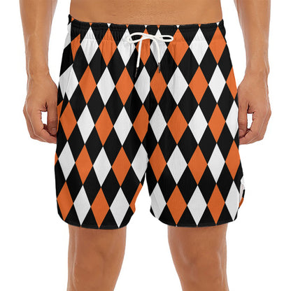 Orange Black And White Harlequin Print Men's Split Running Shorts