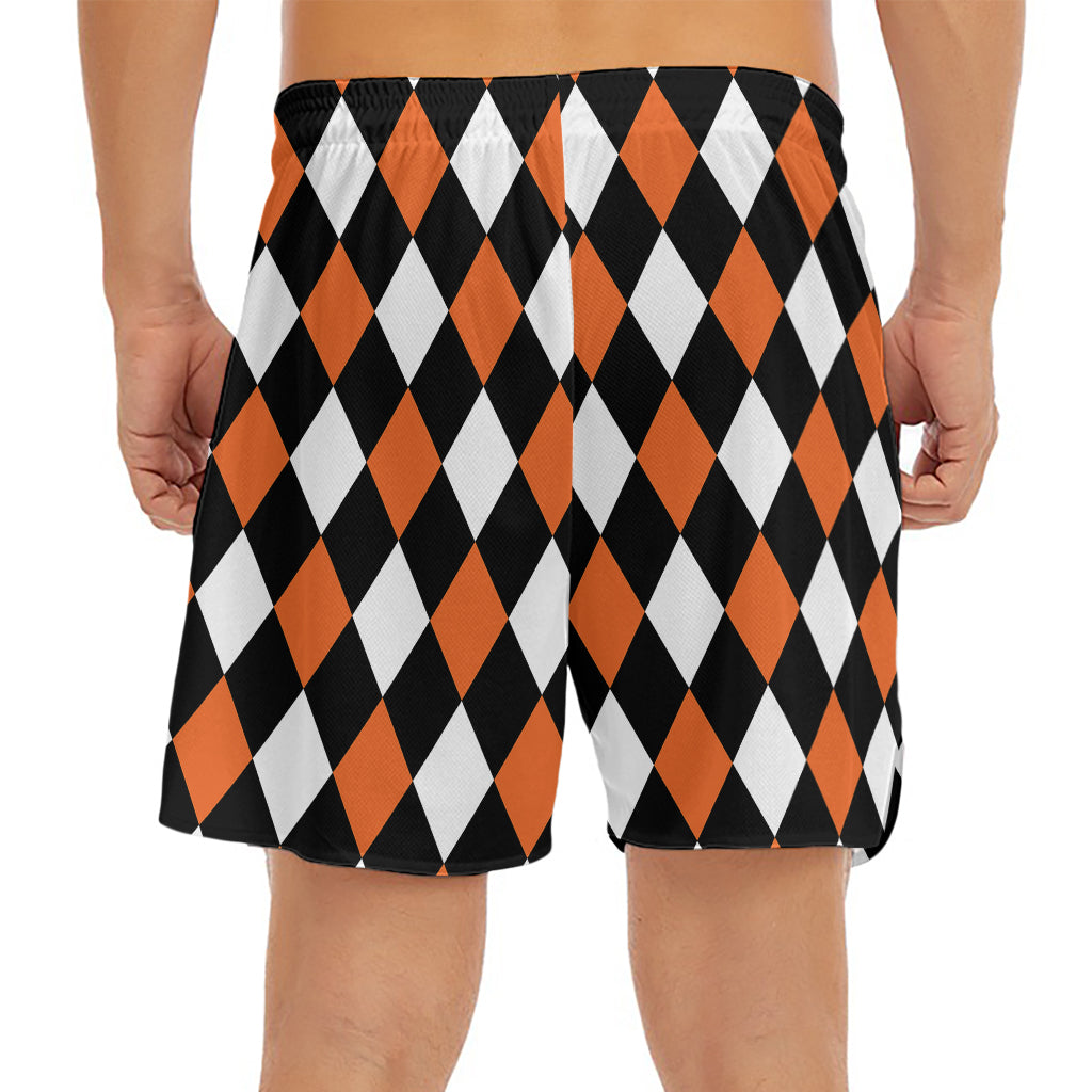 Orange Black And White Harlequin Print Men's Split Running Shorts