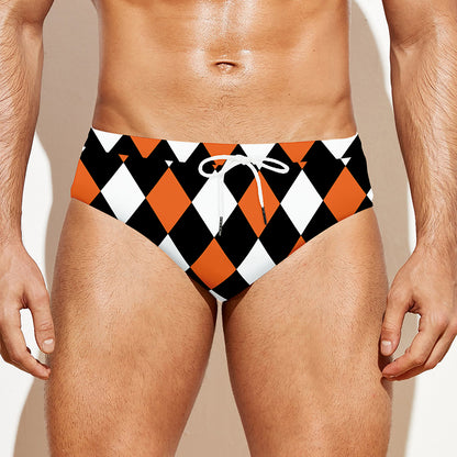Orange Black And White Harlequin Print Men's Swim Briefs