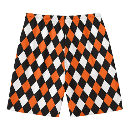 Orange Black And White Harlequin Print Men's Swim Trunks