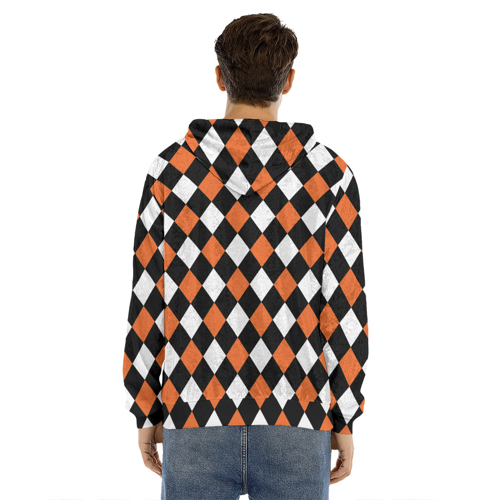 Orange Black And White Harlequin Print Men's Velvet Pullover Hoodie