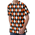 Orange Black And White Harlequin Print Men's Velvet T-Shirt