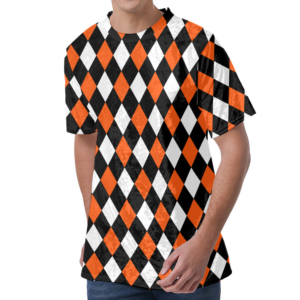 Orange Black And White Harlequin Print Men's Velvet T-Shirt