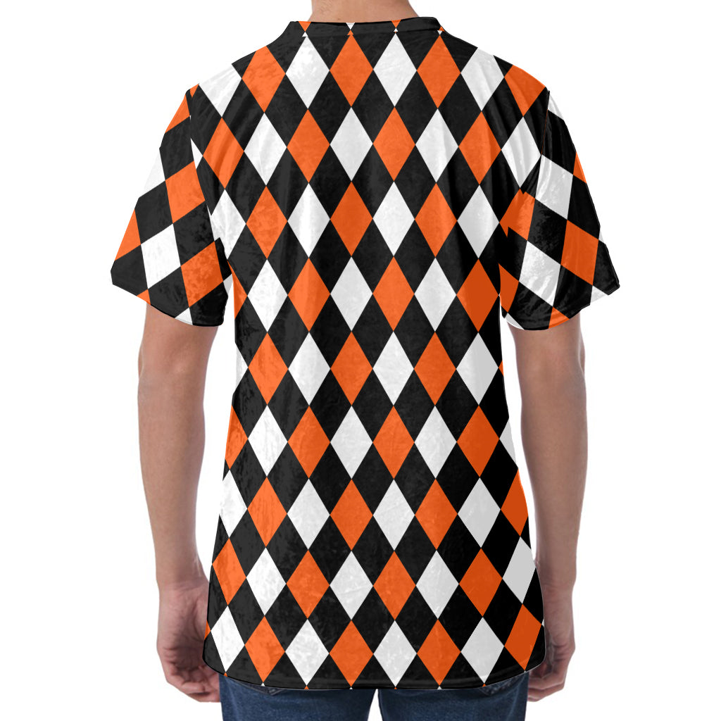 Orange Black And White Harlequin Print Men's Velvet T-Shirt