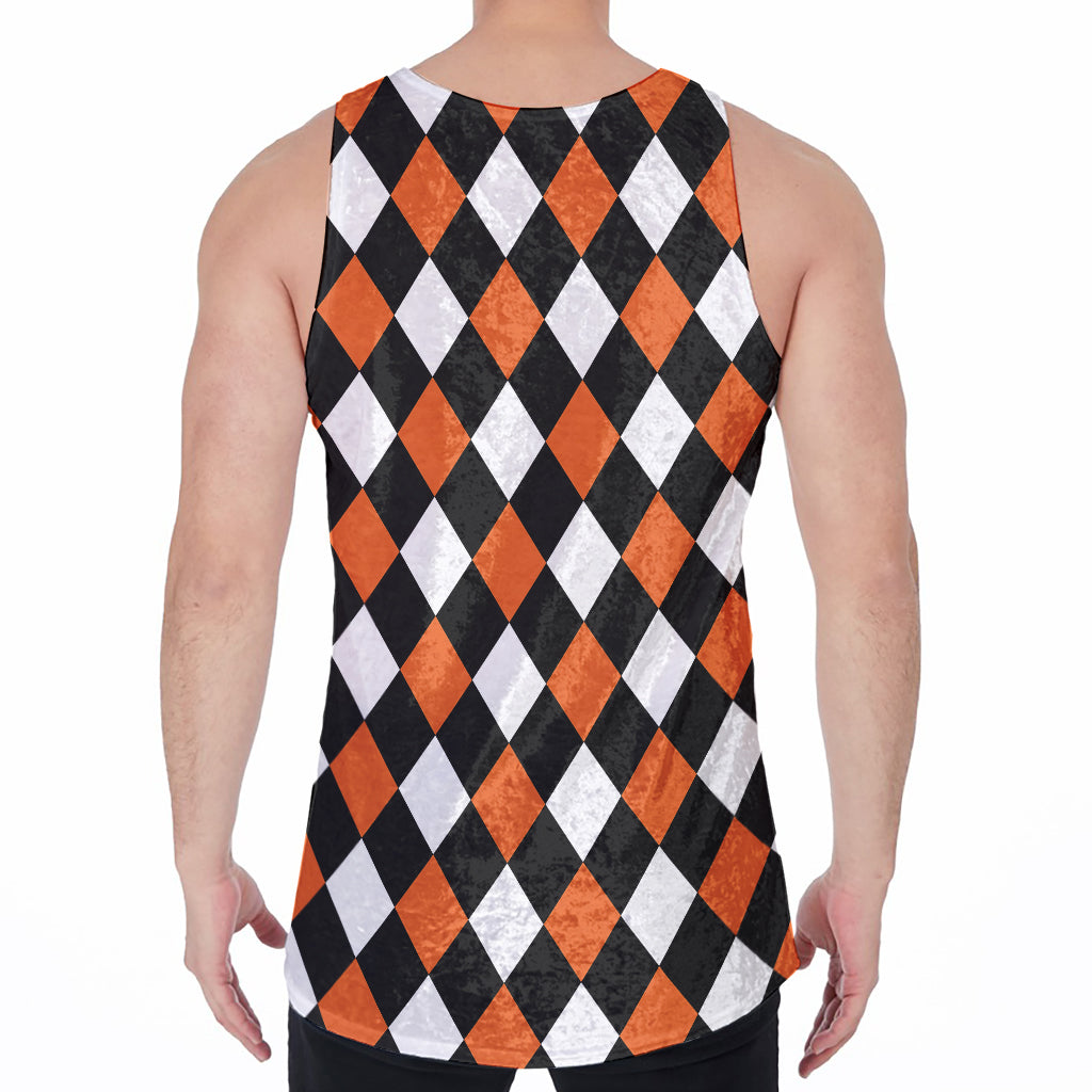 Orange Black And White Harlequin Print Men's Velvet Tank Top