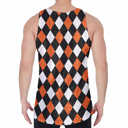 Orange Black And White Harlequin Print Men's Velvet Tank Top