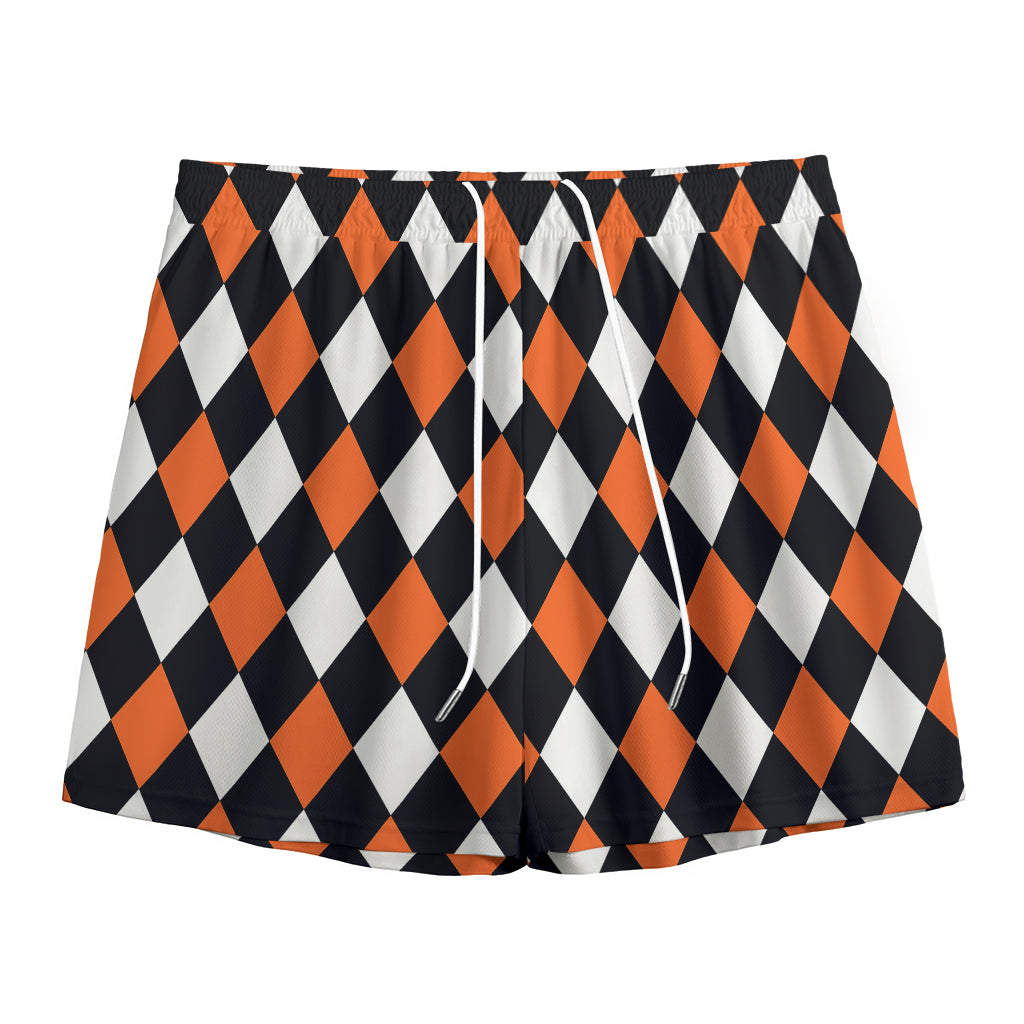 Orange Black And White Harlequin Print Mesh Shorts