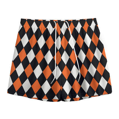 Orange Black And White Harlequin Print Mesh Shorts
