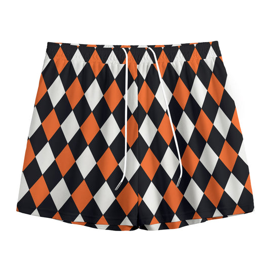 Orange Black And White Harlequin Print Mesh Shorts
