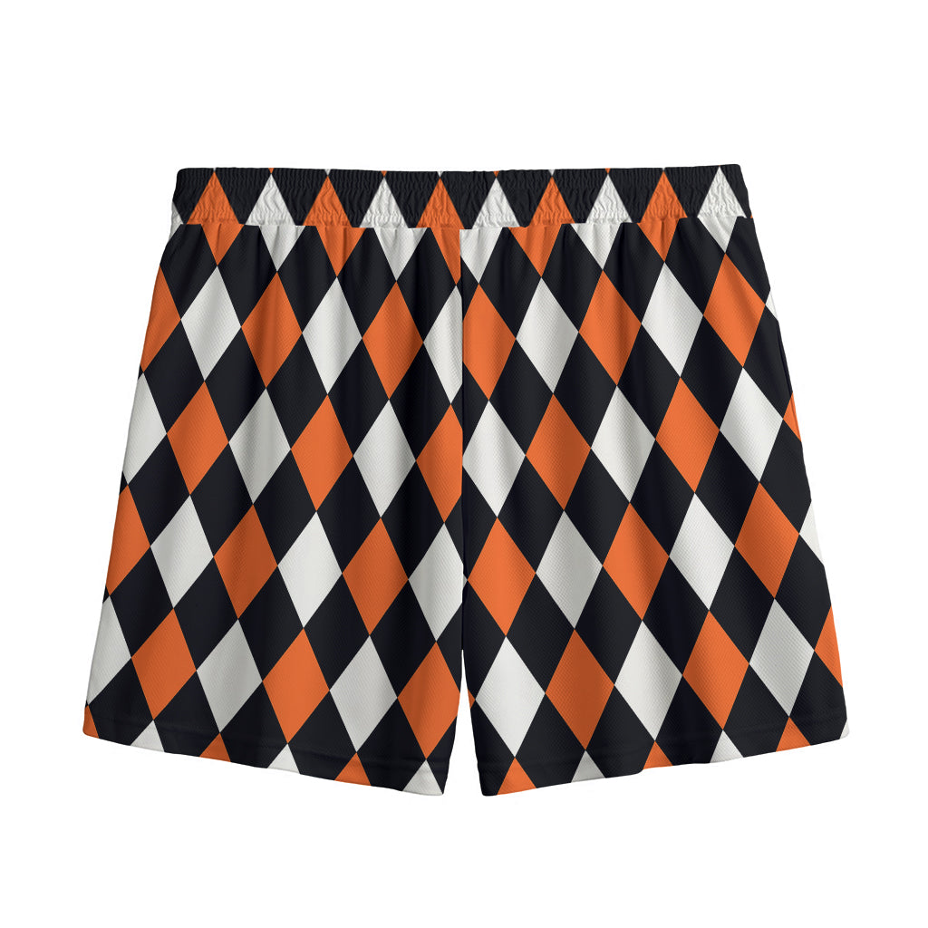 Orange Black And White Harlequin Print Mesh Shorts