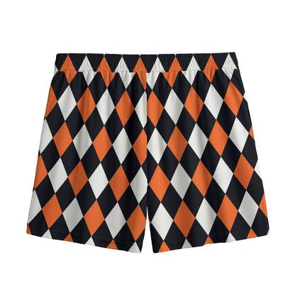 Orange Black And White Harlequin Print Mesh Shorts