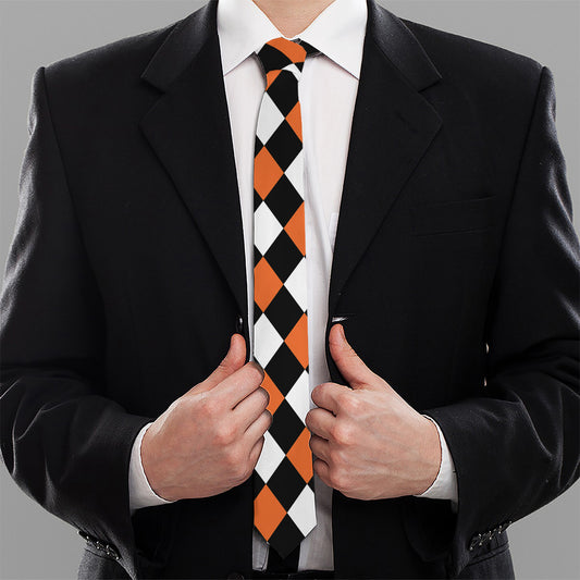 Orange Black And White Harlequin Print Necktie