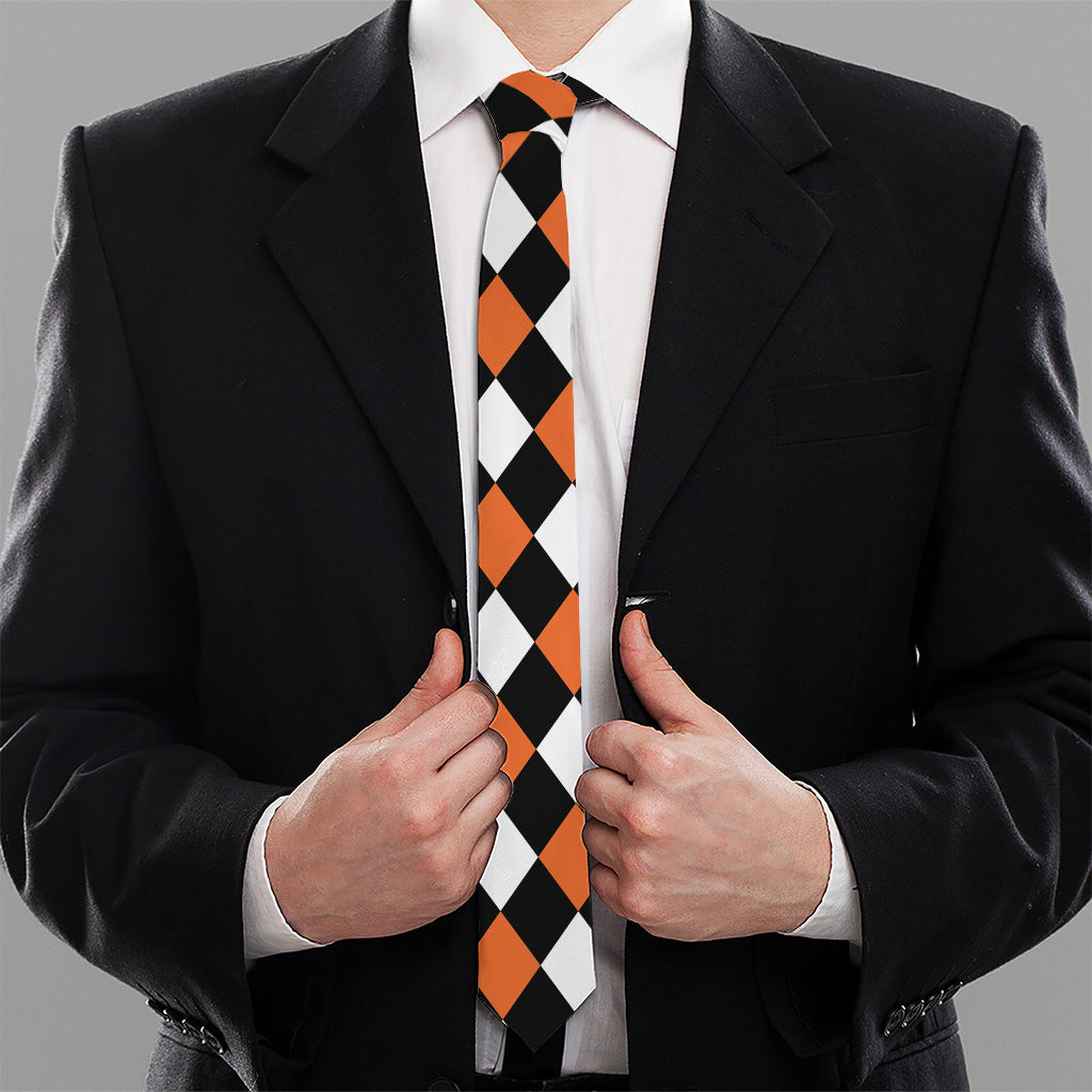 Orange Black And White Harlequin Print Necktie