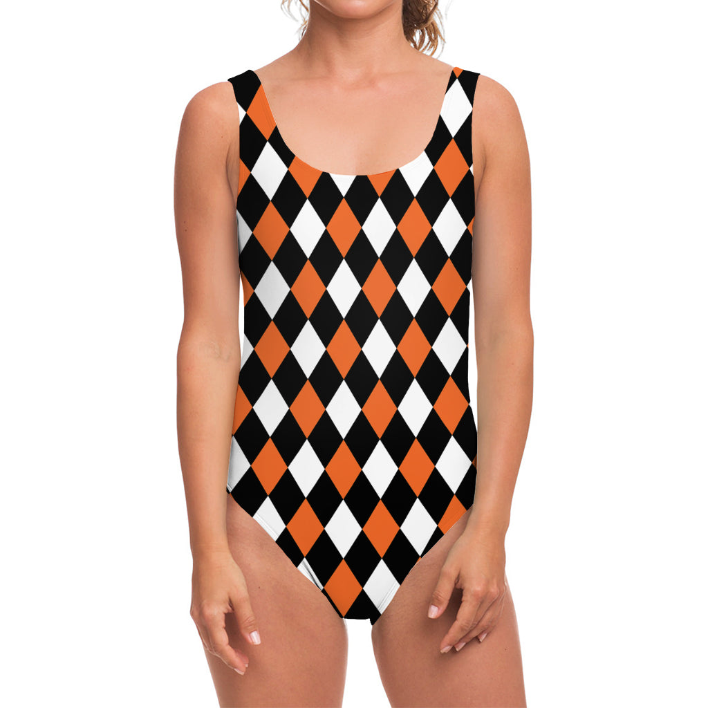 Orange Black And White Harlequin Print One Piece Swimsuit