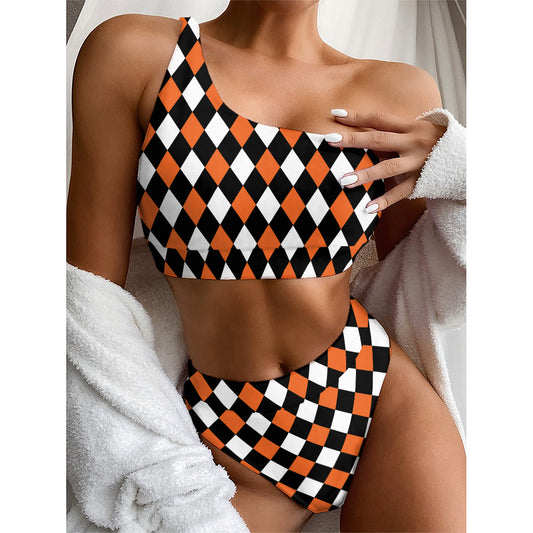 Orange Black And White Harlequin Print One Shoulder Bikini Top