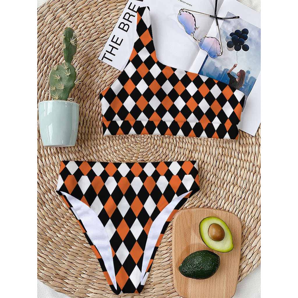 Orange Black And White Harlequin Print One Shoulder Bikini Top