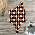 Orange Black And White Harlequin Print One Shoulder Bodysuit