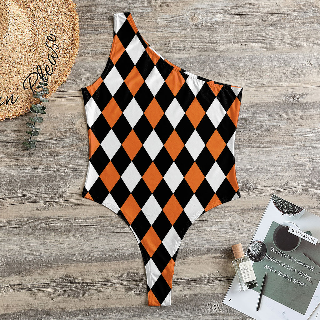 Orange Black And White Harlequin Print One Shoulder Bodysuit