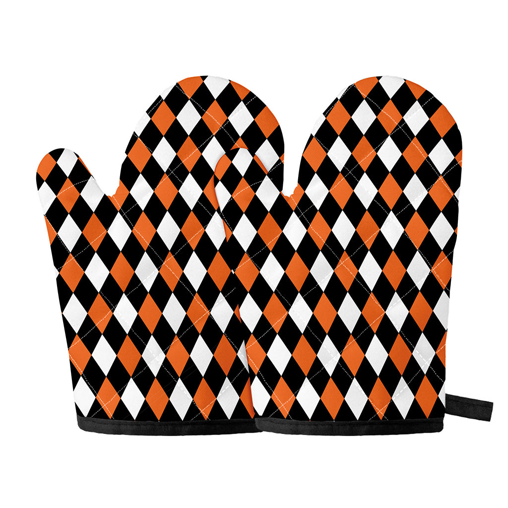 Orange Black And White Harlequin Print Oven Mitts