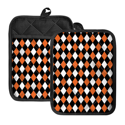Orange Black And White Harlequin Print Pot Holders With Pocket