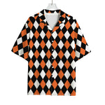 Orange Black And White Harlequin Print Rayon Hawaiian Shirt