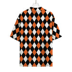 Orange Black And White Harlequin Print Rayon Hawaiian Shirt