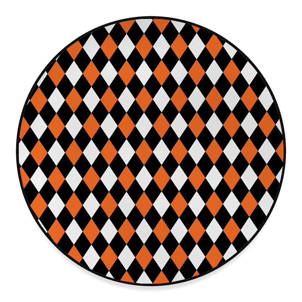 Orange Black And White Harlequin Print Round Floor Mat