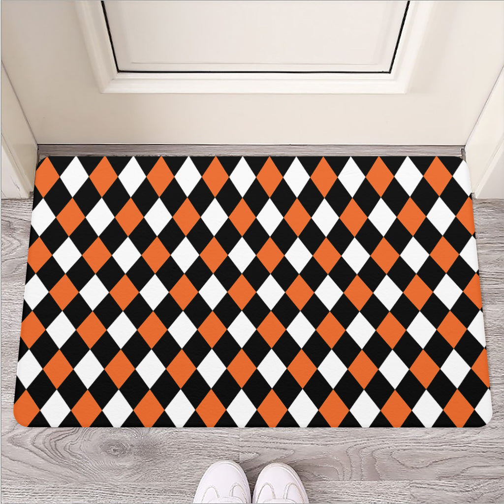 Orange Black And White Harlequin Print Rubber Doormat