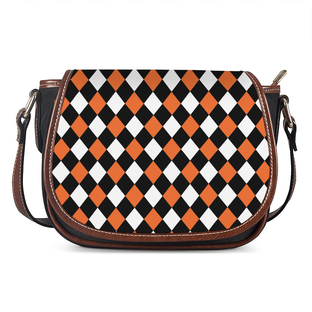 Orange Black And White Harlequin Print Saddle Bag