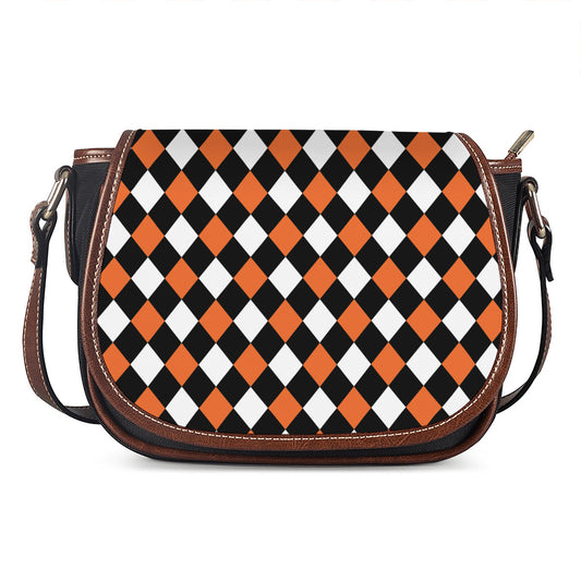 Orange Black And White Harlequin Print Saddle Bag