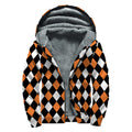 Orange Black And White Harlequin Print Sherpa Lined Zip Up Hoodie